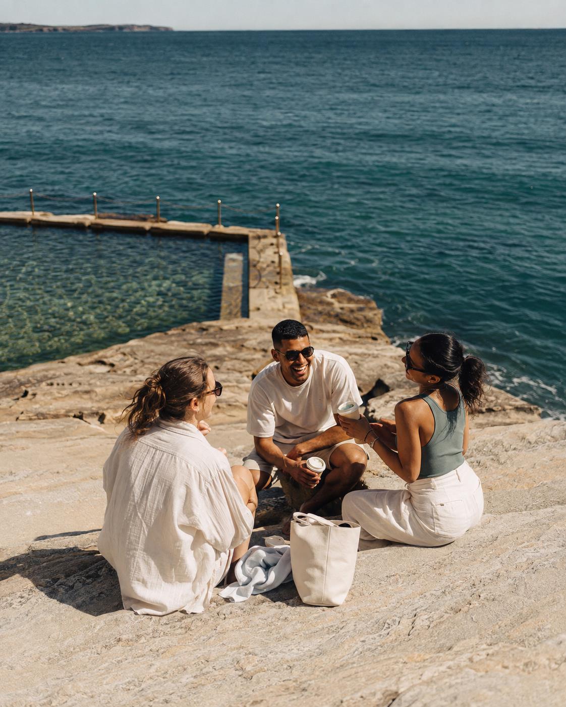 Friends enjoying a relaxed afternoon by an Australian coastal rock pool